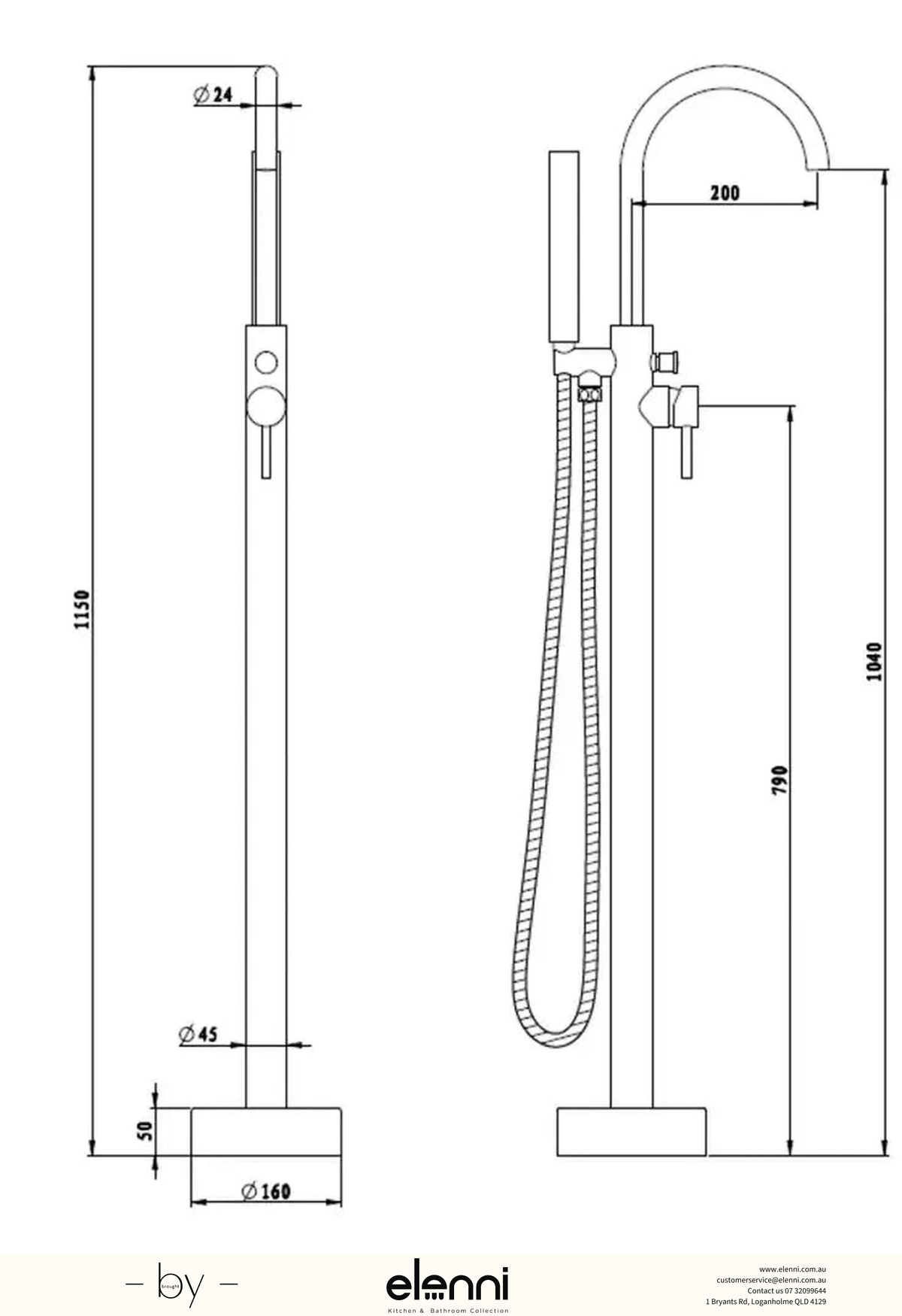 Mica Freestanding Bath Mixer with Hand Shower - Elenni specification drawing