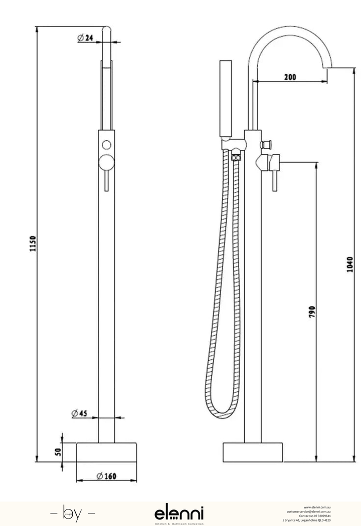 Mica Freestanding Bath Mixer with Hand Shower - Elenni specification drawing