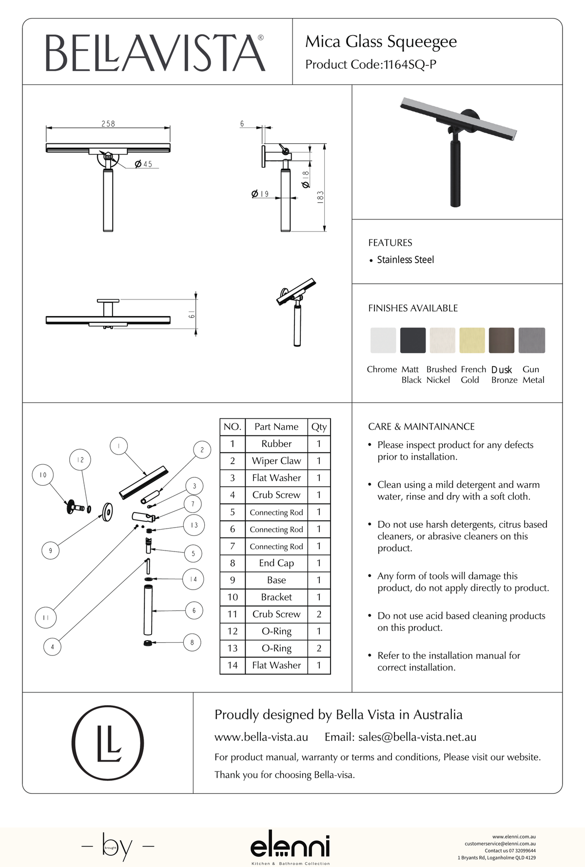 Mica Glass Squeegee - Elenni specification drawing