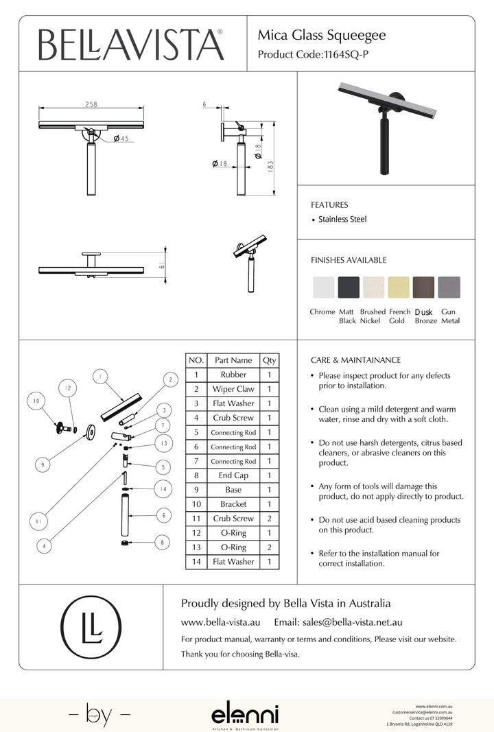 Mica Glass Squeegee - Elenni specification drawing