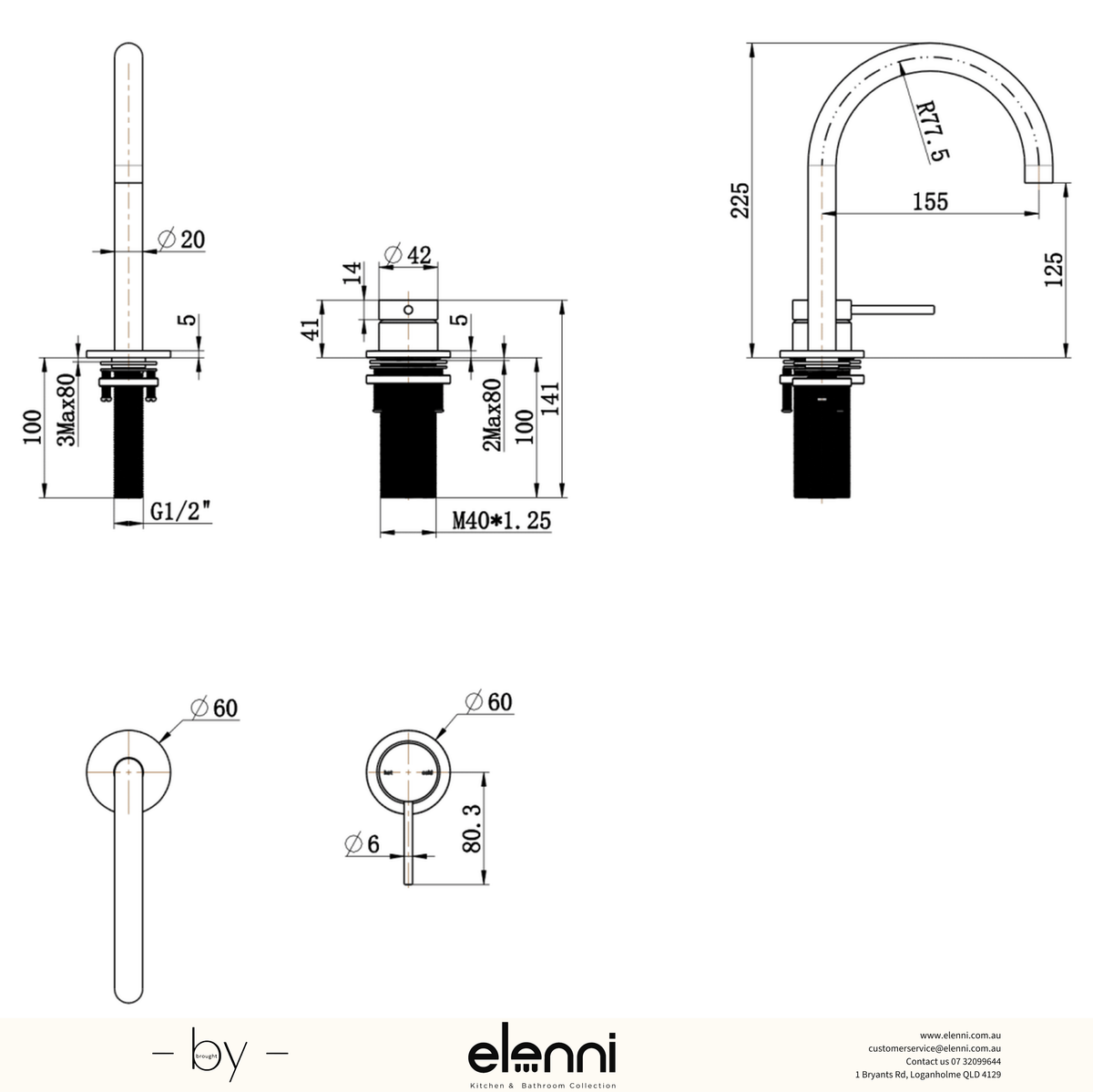Elenni specification drawing, Mica Gooseneck Hob Basin Mixer Set