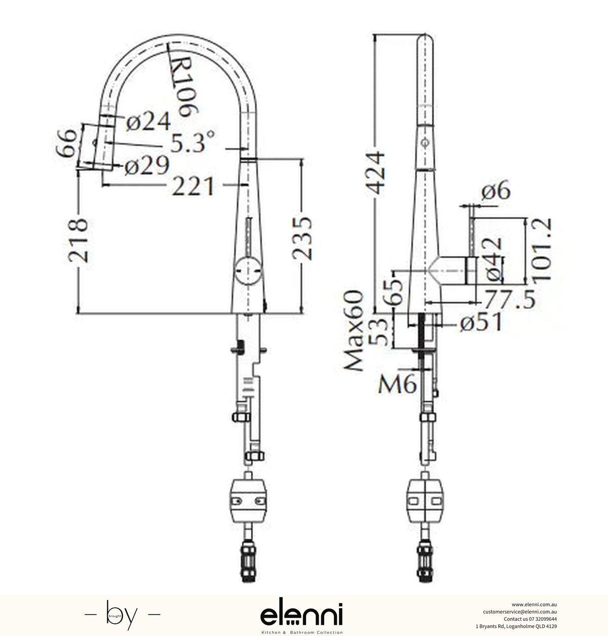 Mica Pull-Out Cone Sink Mixer - Elenni specification drawing