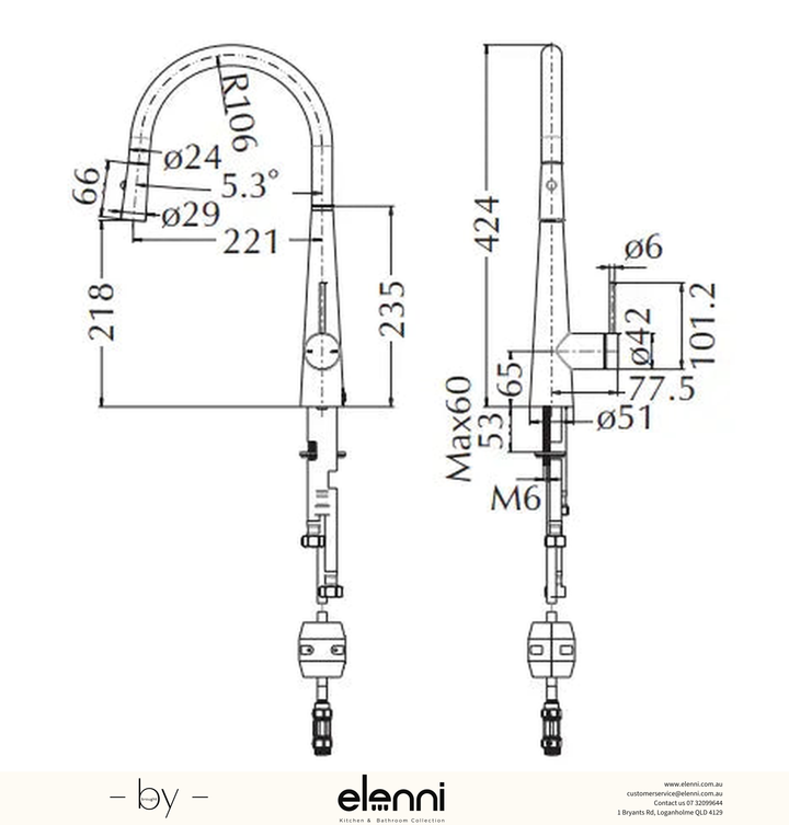 Mica Pull-Out Cone Sink Mixer - Elenni specification drawing