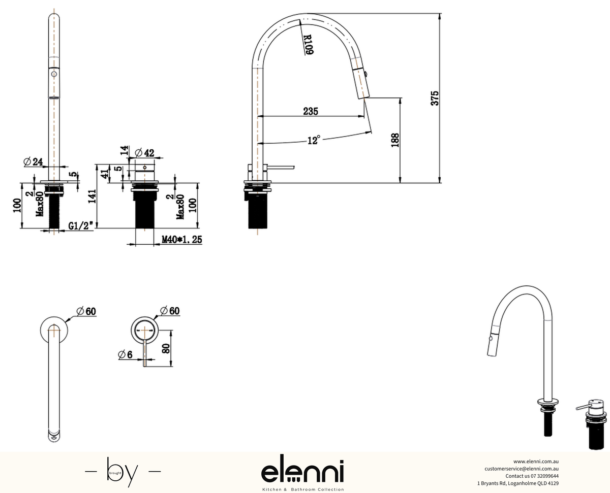 Mica Pull-Out Hob Mixer Set - Elenni specification drawing