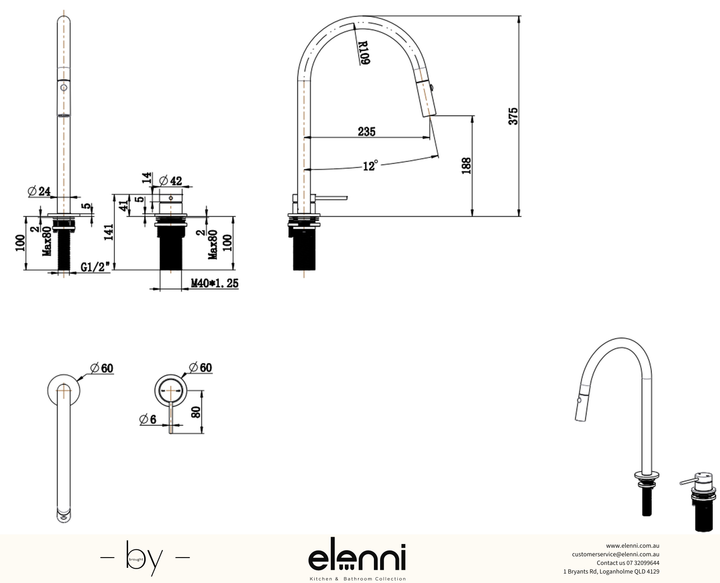 Mica Pull-Out Hob Mixer Set - Elenni specification drawing