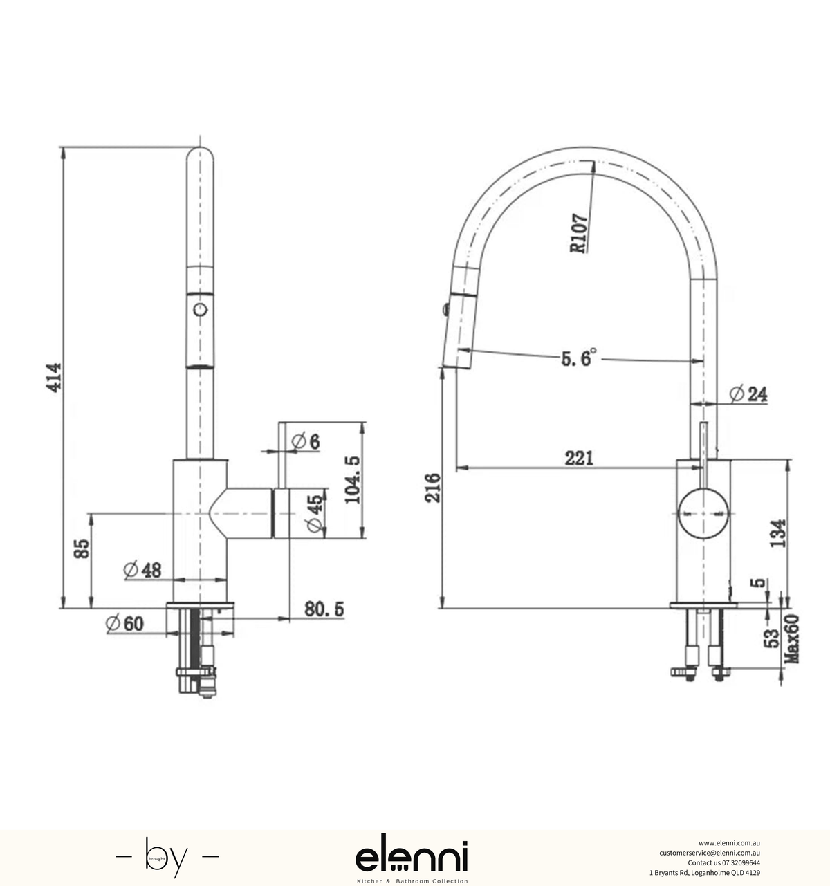 Elenni specification drawing — Mica Pull-Out Sink Mixer