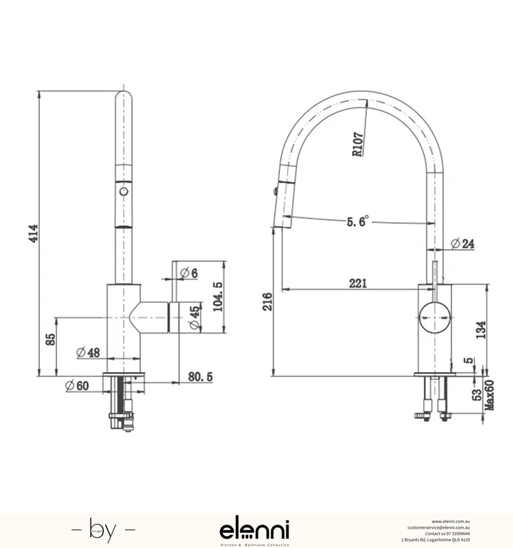 Elenni specification drawing — Mica Pull-Out Sink Mixer