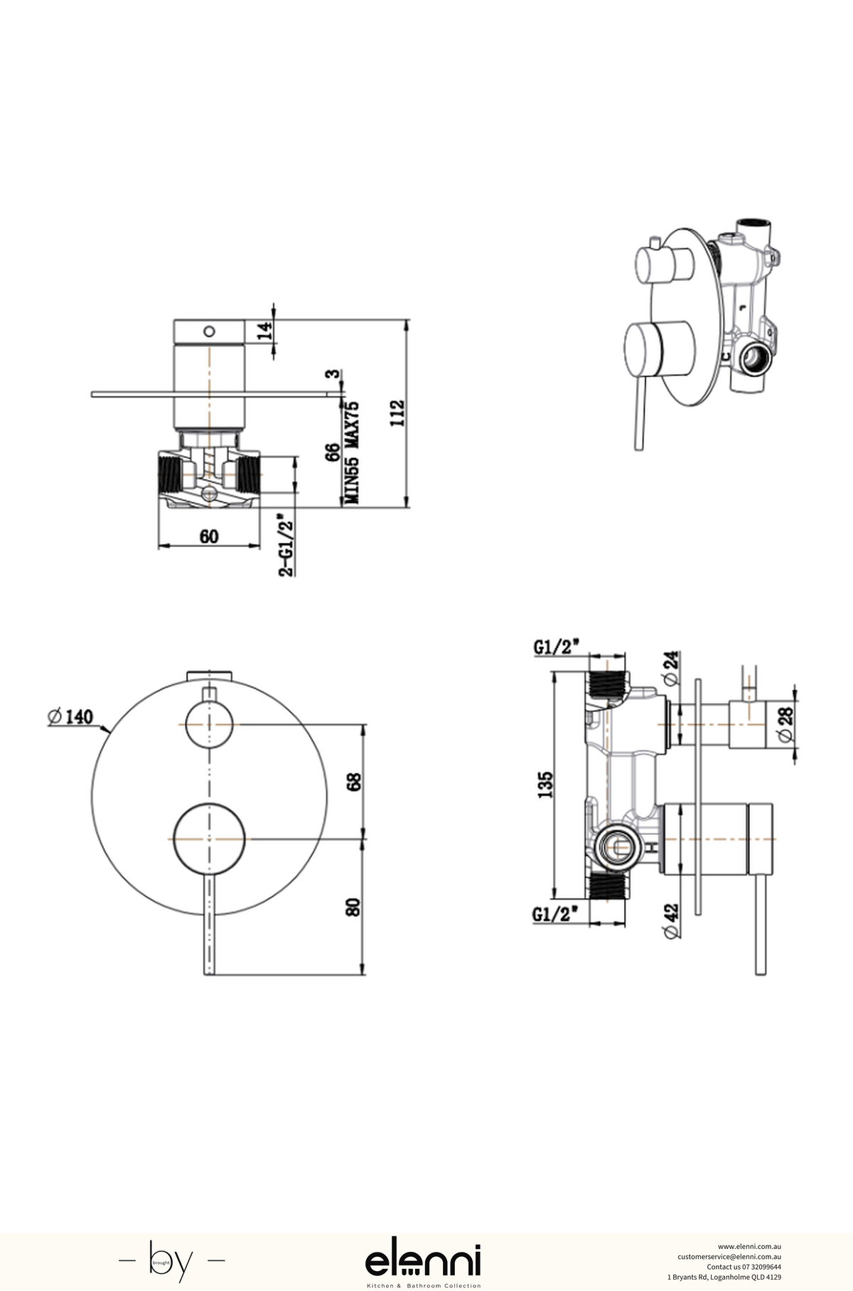Mica Shower Mixer Diverter - 1P - TRIM KIT ONLY - Elenni specification drawing