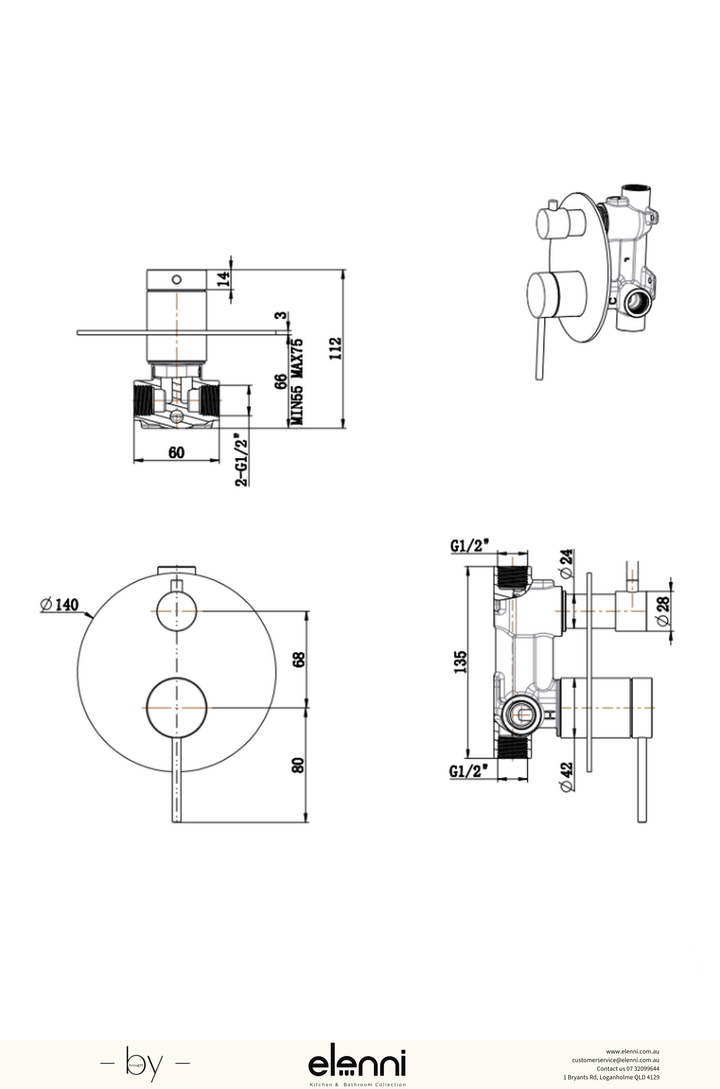 Mica Shower Mixer Diverter - 1P - TRIM KIT ONLY - Elenni specification drawing