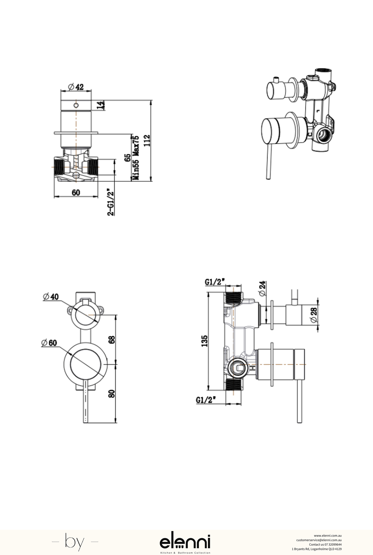Mica Shower Mixer Diverter - 2P - TRIM KIT ONLY - Elenni specification drawing