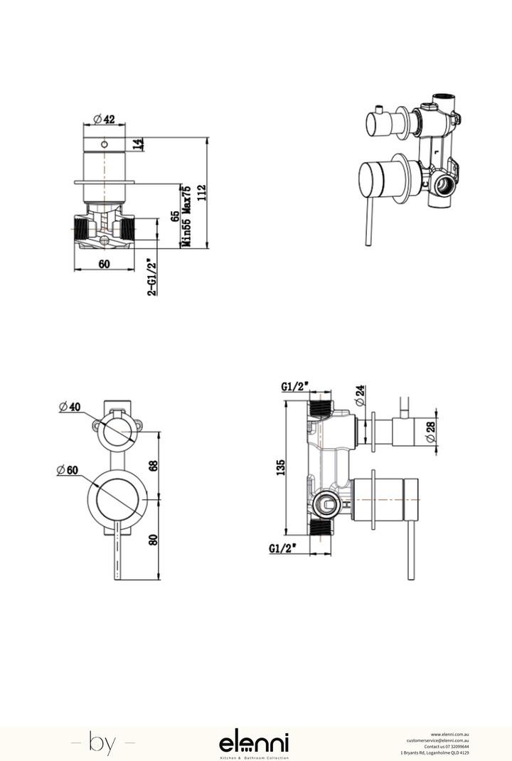 Mica Shower Mixer Diverter - 2P - TRIM KIT ONLY - Elenni specification drawing