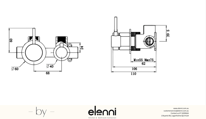 Mica Shower Mixer Diverter - Sideways Reverse - TRIM KIT ONLY - Elenni specification drawing