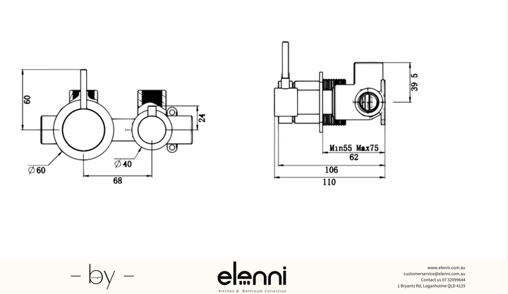 Mica Shower Mixer Diverter - Sideways Reverse - TRIM KIT ONLY - Elenni specification drawing