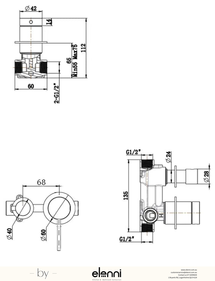Mica Shower Mixer Diverter - Sideways - TRIM KIT ONLY - Elenni specification drawing