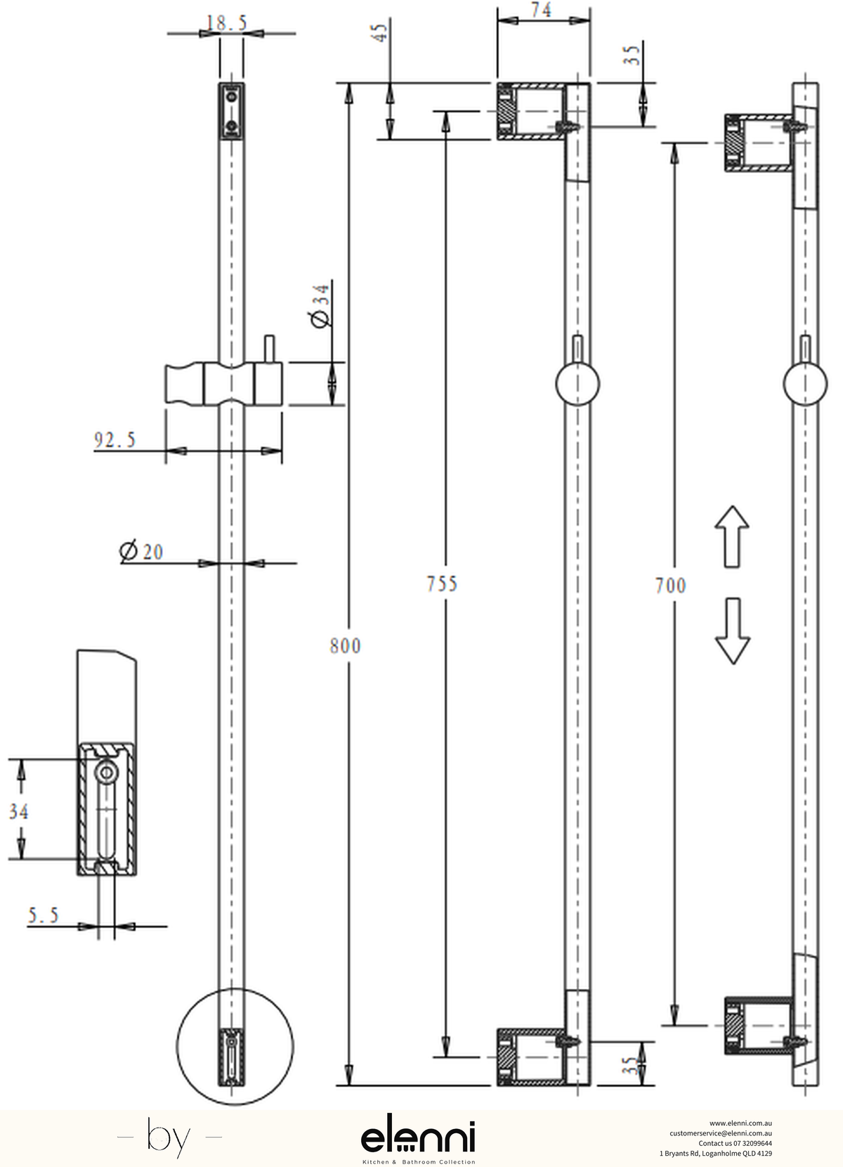 Mica Shower Rail - Elenni specification drawing