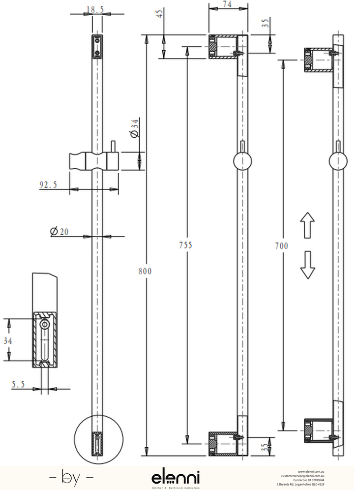 Mica Shower Rail - Elenni specification drawing