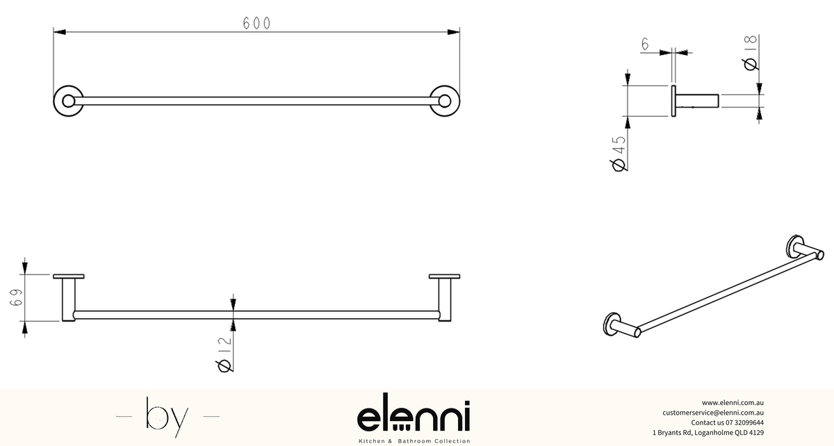 Mica Single Towel Rail - 600mm - Elenni specification drawing