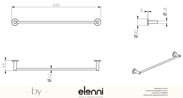 Mica Single Towel Rail - 600mm - Elenni specification drawing