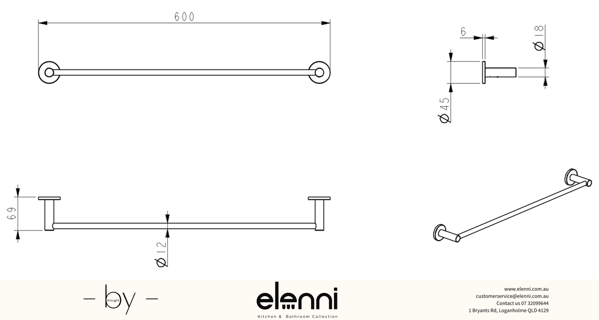 Mica Single Towel Rail - 600mm - Elenni specification drawing