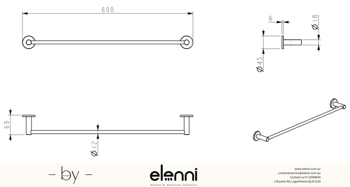 Mica Single Towel Rail - 600mm - Elenni specification drawing