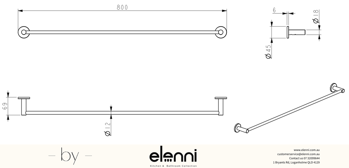 Mica Single Towel Rail - 800mm - Elenni specification drawing