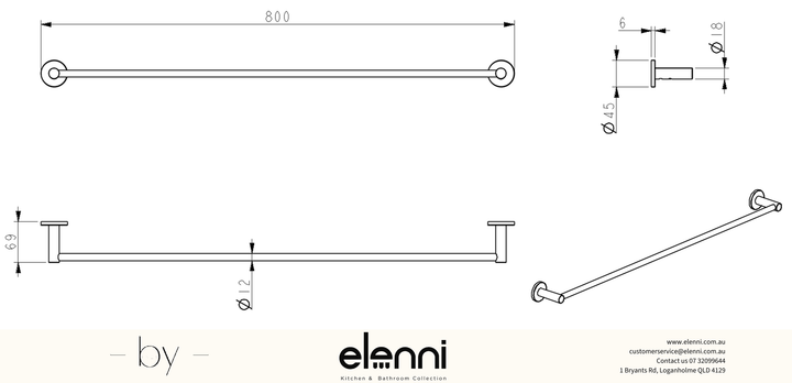 Mica Single Towel Rail - 800mm - Elenni specification drawing
