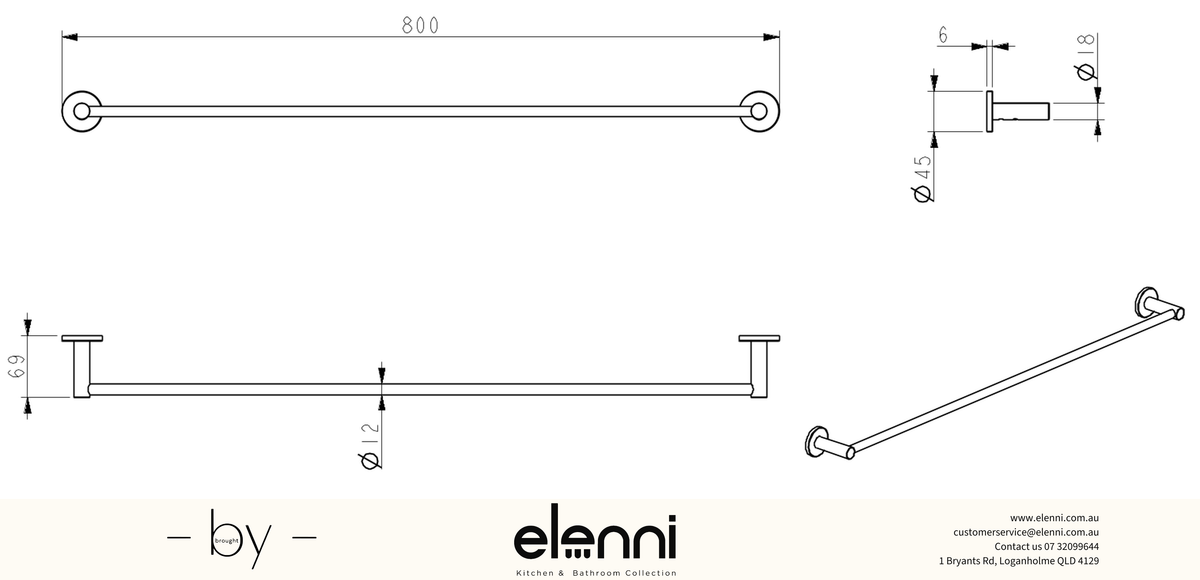 Mica Single Towel Rail - 800mm - Elenni specification drawing