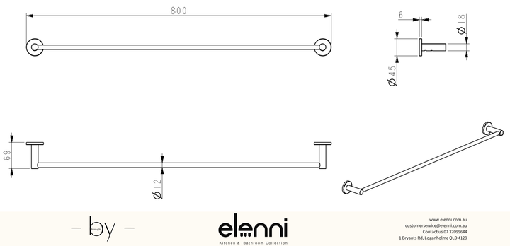 Mica Single Towel Rail - 800mm - Elenni specification drawing
