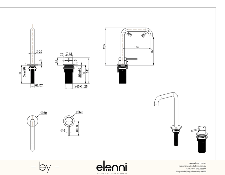 Elenni specification drawing, Mica Soft-Square Hob Basin Mixer Set