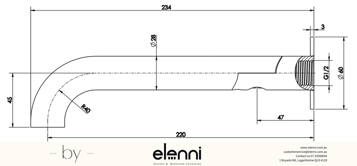 Mica Swivel Bath Spout - Curved - Elenni specification drawing