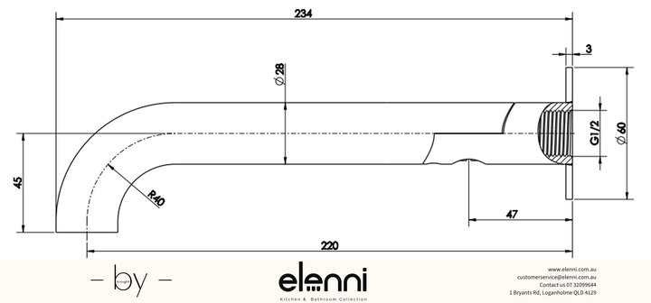 Mica Swivel Bath Spout - Curved - Elenni specification drawing