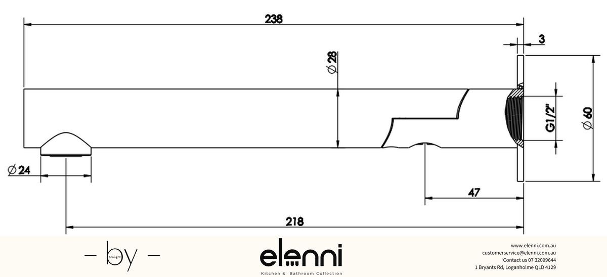 Mica Swivel Spout - Straight - Elenni specification drawing