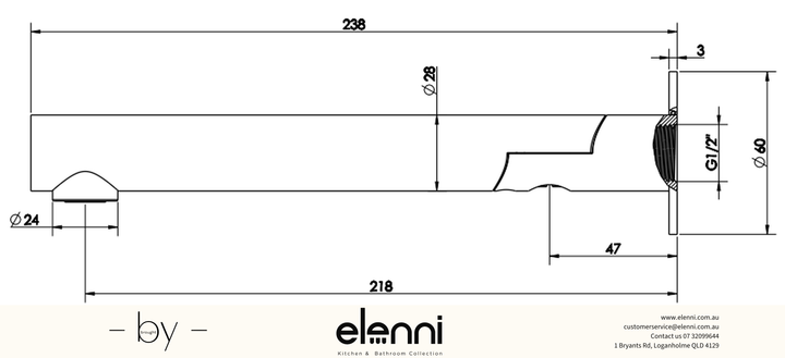 Mica Swivel Spout - Straight - Elenni specification drawing