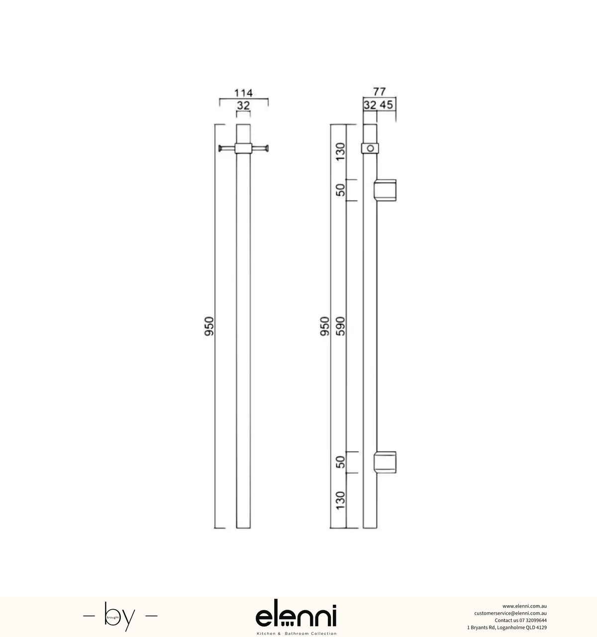 Mica Vertical Heated Towel Rail - Elenni specification drawing