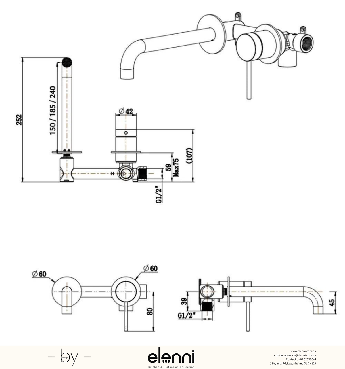 Mica Wall-Spout Combo - Curved Spout - 2P - TRIM KIT ONLY - Elenni specification drawing