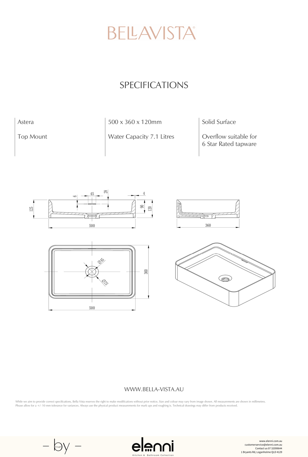 Paros Astera Basin 500 x 360mm - Elenni specification drawing