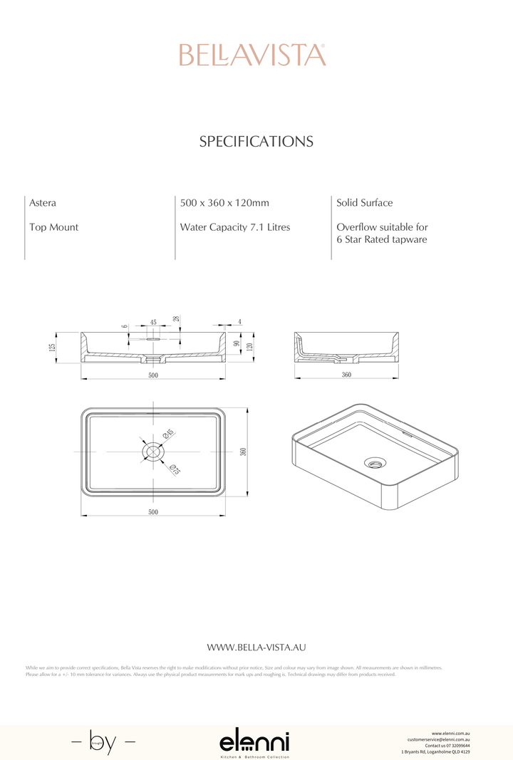 Paros Astera Basin 500 x 360mm - Elenni specification drawing