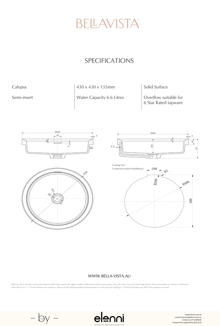 Paros Calypsa Semi-Inset Basin 430 x 430mm - Elenni specification drawing