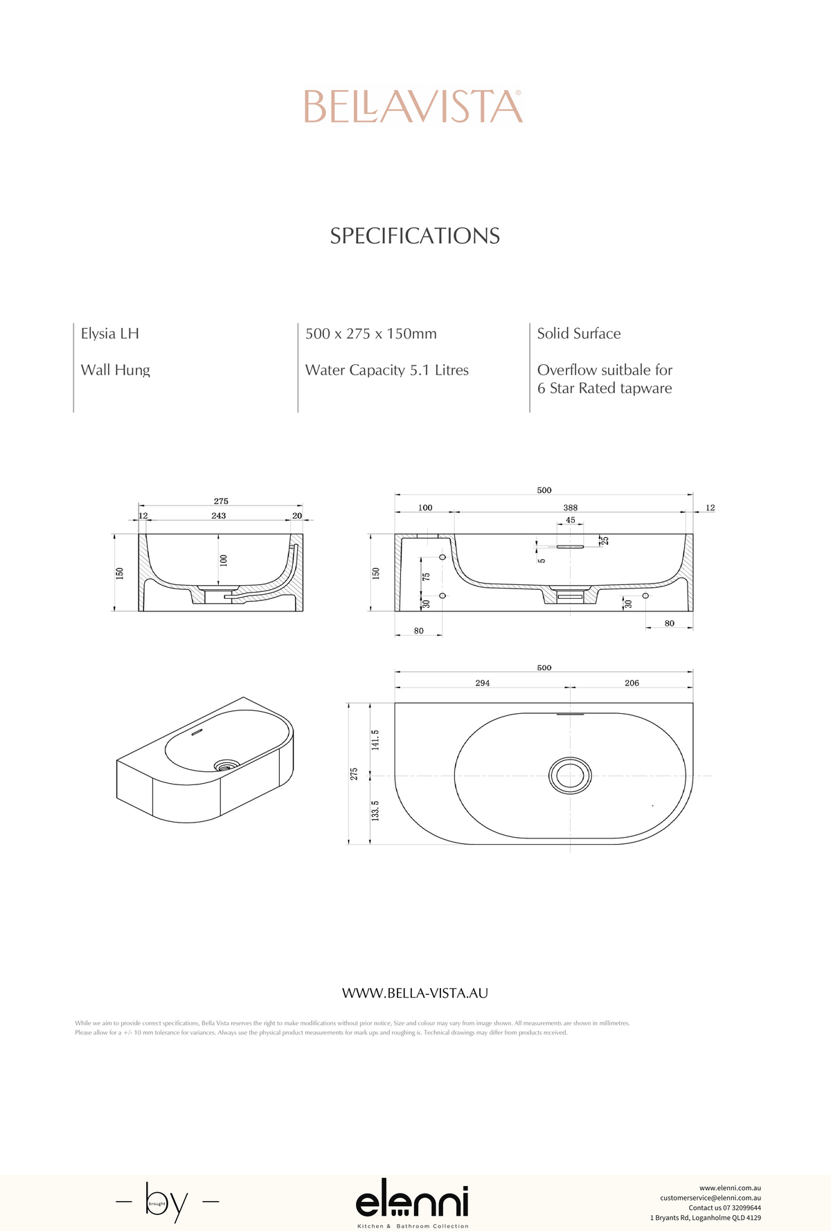 Paros Elysia Left-Hand Basin 500 x 275mm - Elenni specification drawing