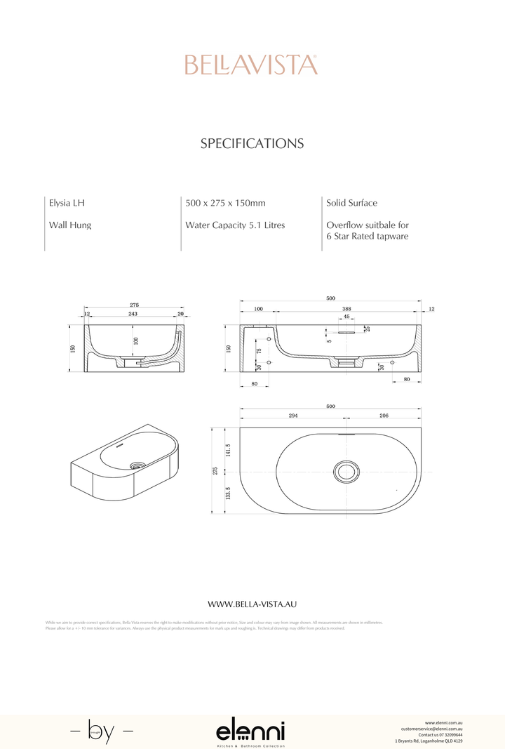 Paros Elysia Left-Hand Basin 500 x 275mm - Elenni specification drawing