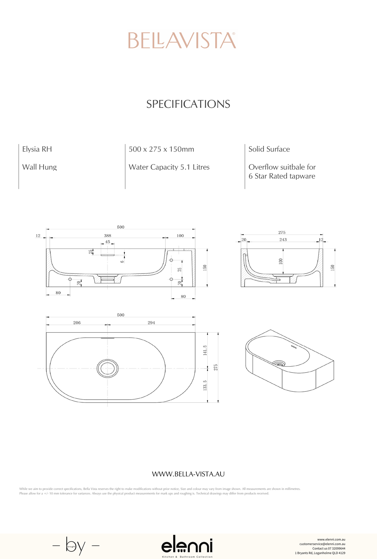 Paros Elysia Right-Hand Basin 500 x 275mm - Elenni specification drawing