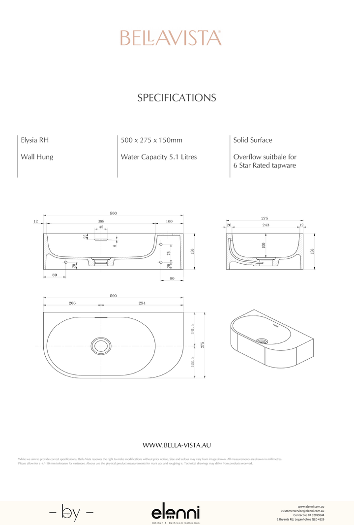 Paros Elysia Right-Hand Basin 500 x 275mm - Elenni specification drawing