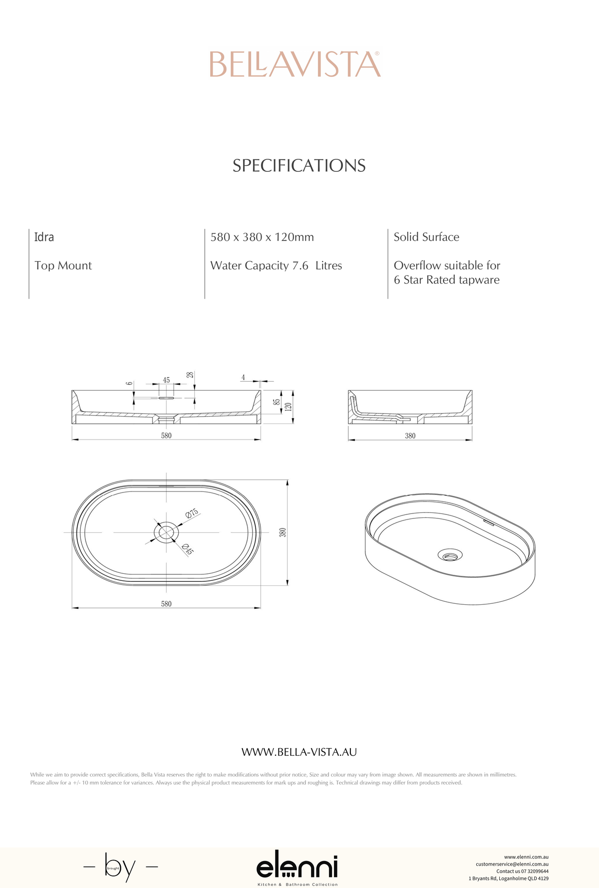 Paros Idra Basin 580 x 380mm - Elenni specification drawing