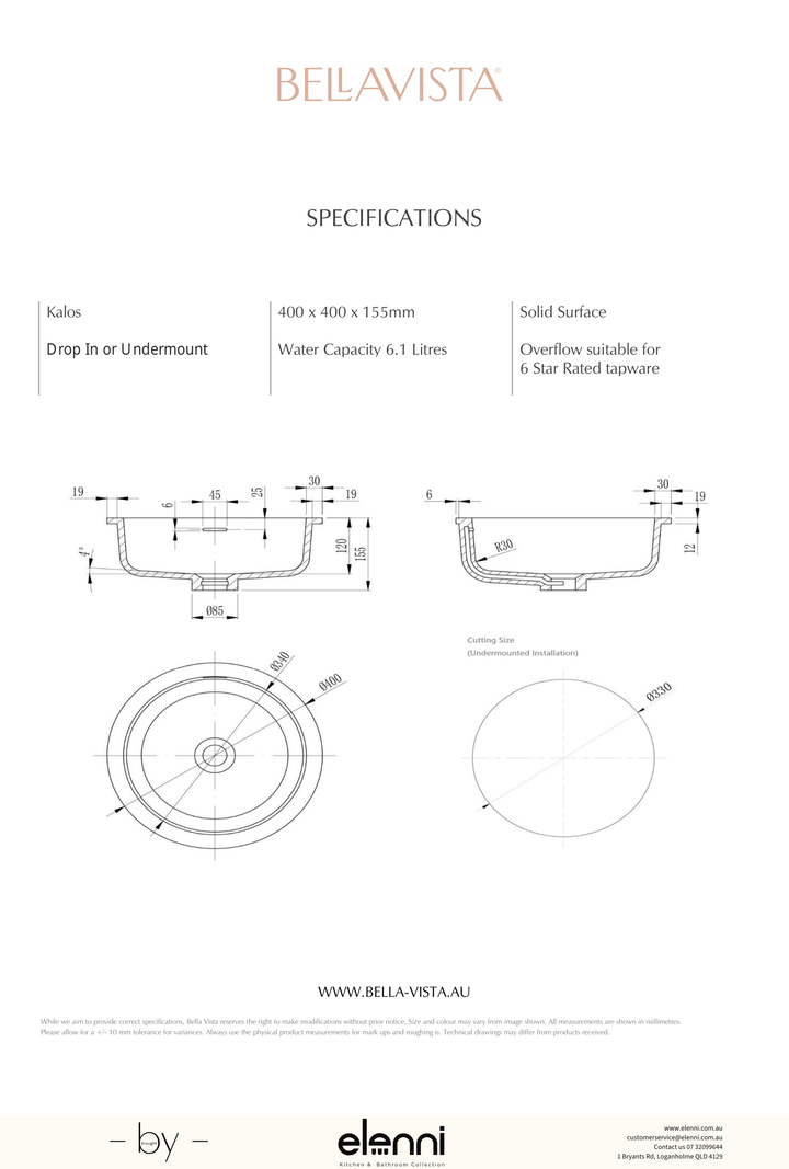 Paros Kalos Undermount Basin 400 x 400mm - Elenni specification drawing
