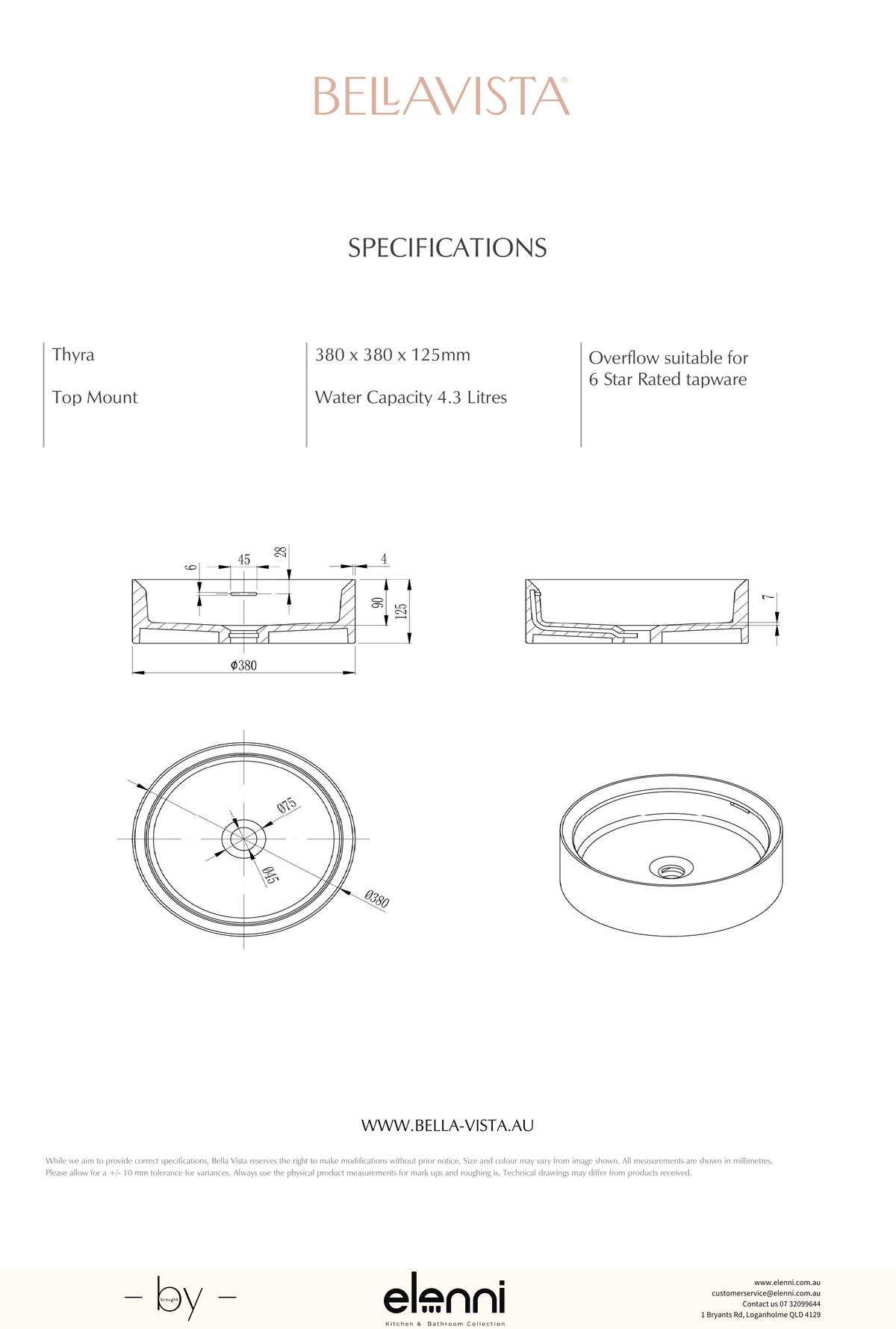 Paros Thyra Basin 380 x 380mm - Elenni specification drawing