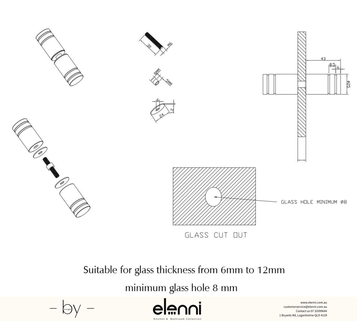 Shower Screen Handle Round Slotted - Elenni specification drawing