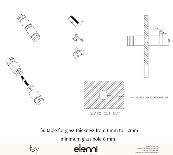 Shower Screen Handle Round Slotted - Elenni specification drawing