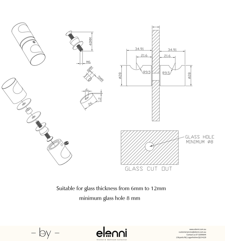 Shower Screen Handle Round - Elenni specification drawing