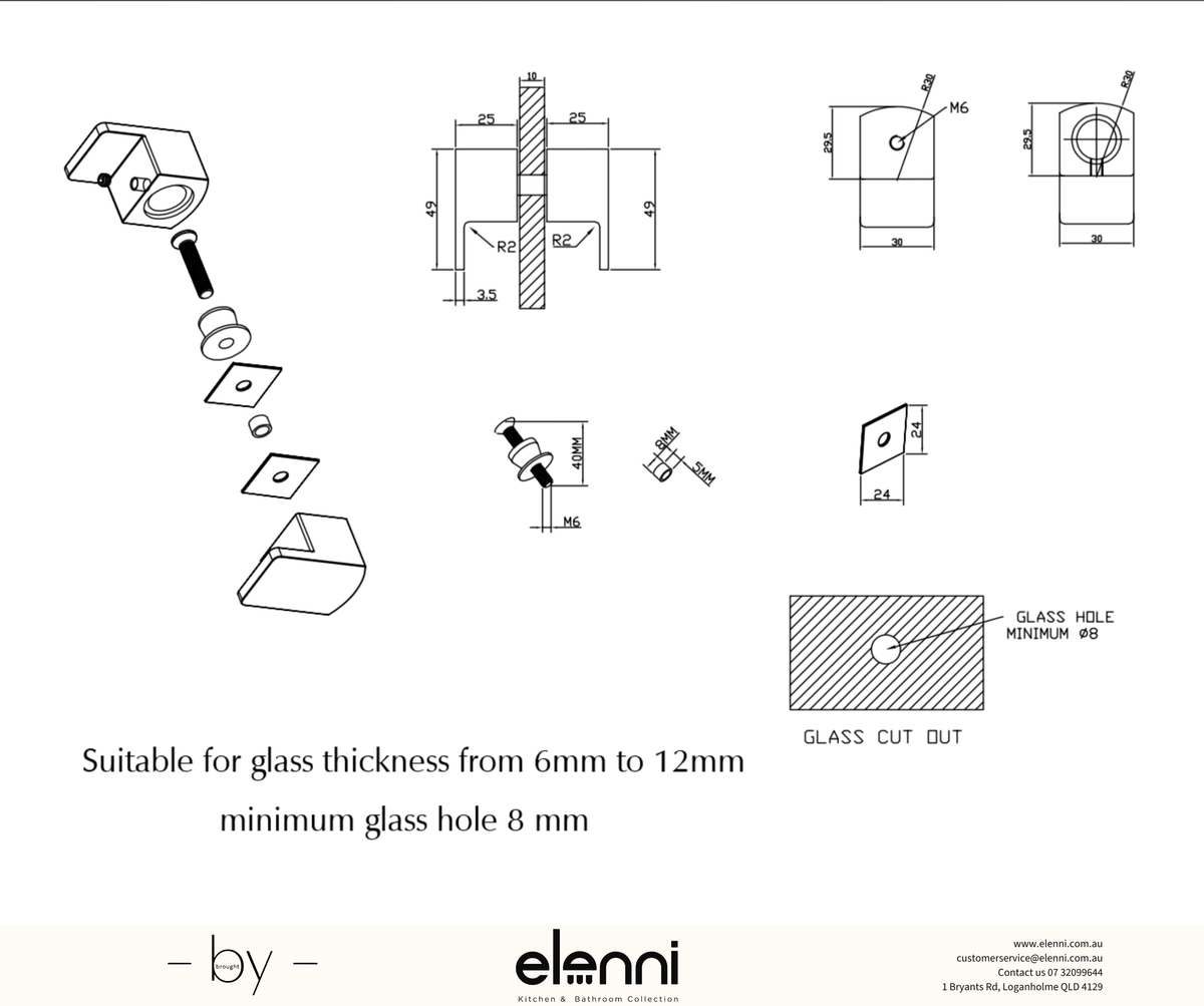 Shower Screen Handle - Square Lever - Elenni specification drawing