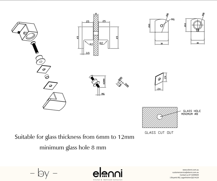 Shower Screen Handle - Square Lever - Elenni specification drawing